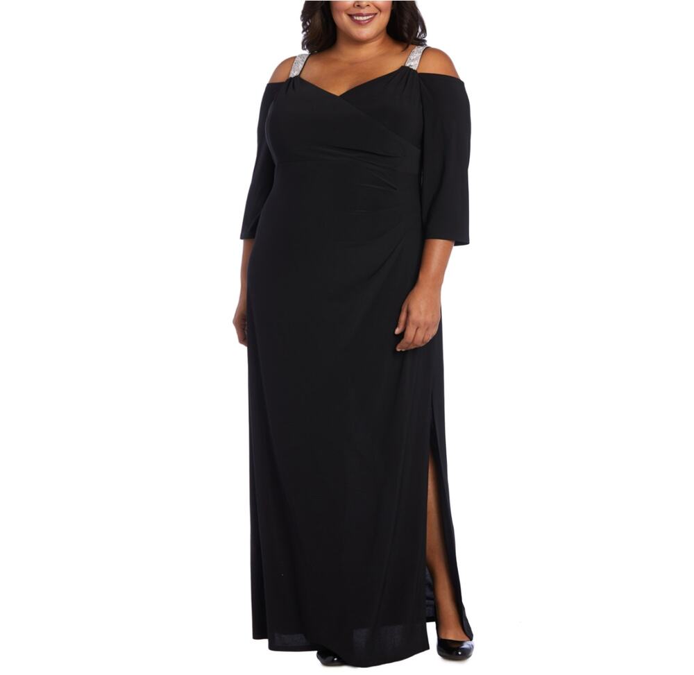 R&M Richards Black Evening Gown Long Sleeve Beaded Cold Shoulder Dress Size 20W